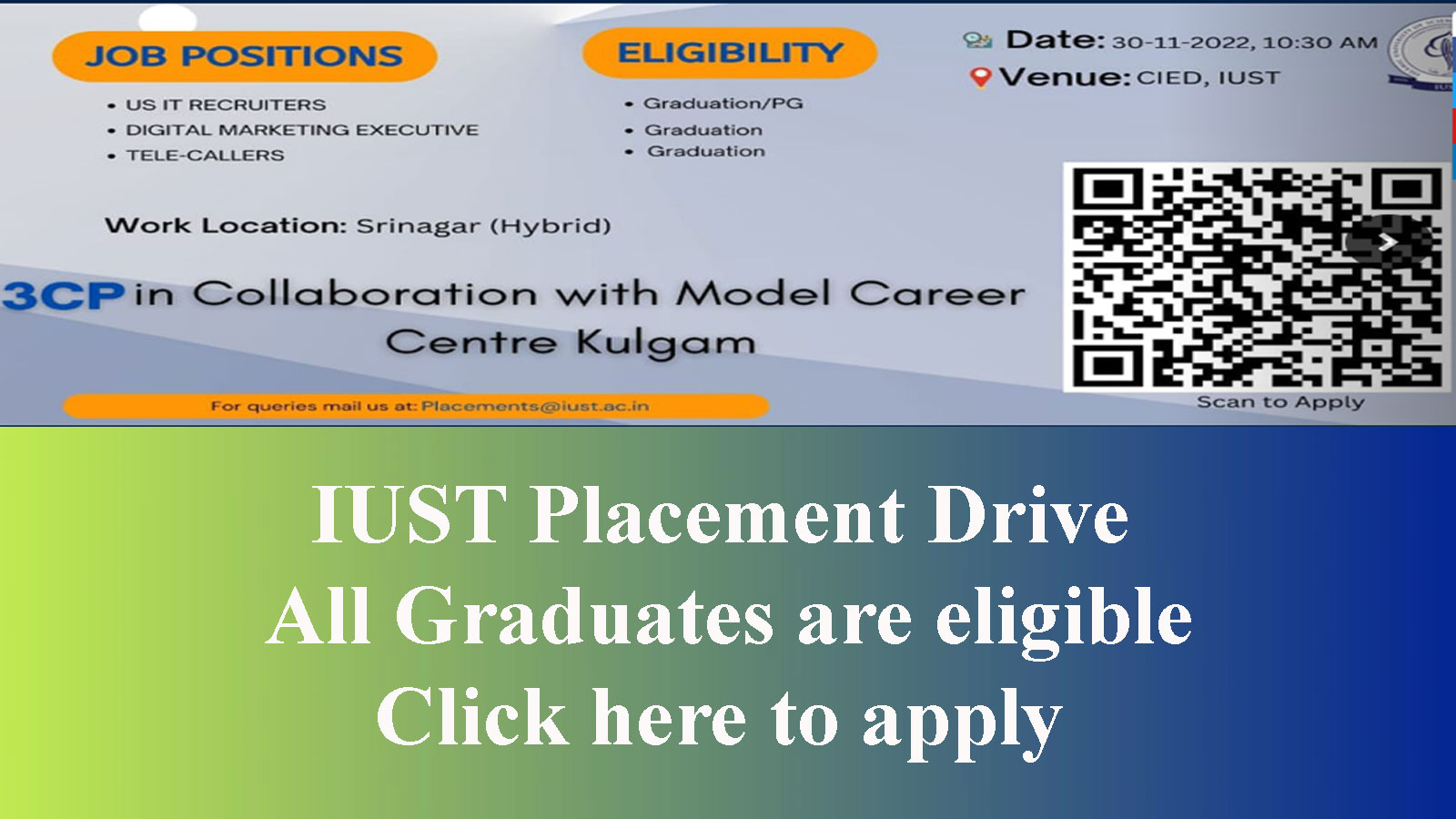 IUST Placement Drive | All Graduates are eligible, Click here to apply