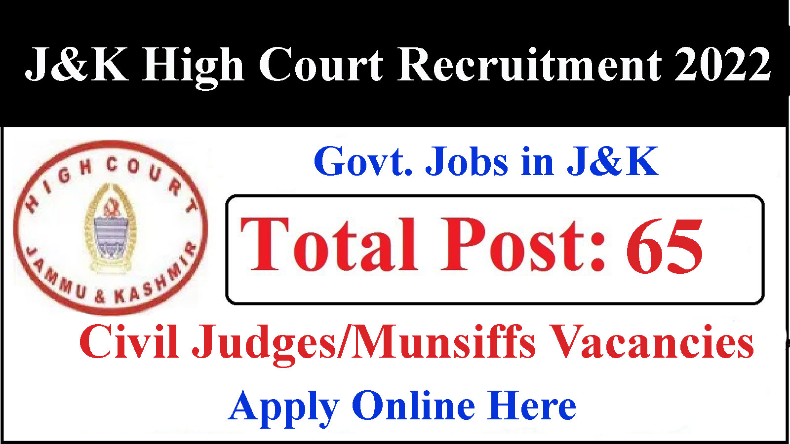 JK High Court Recruitment, Apply Online | 65 Posts