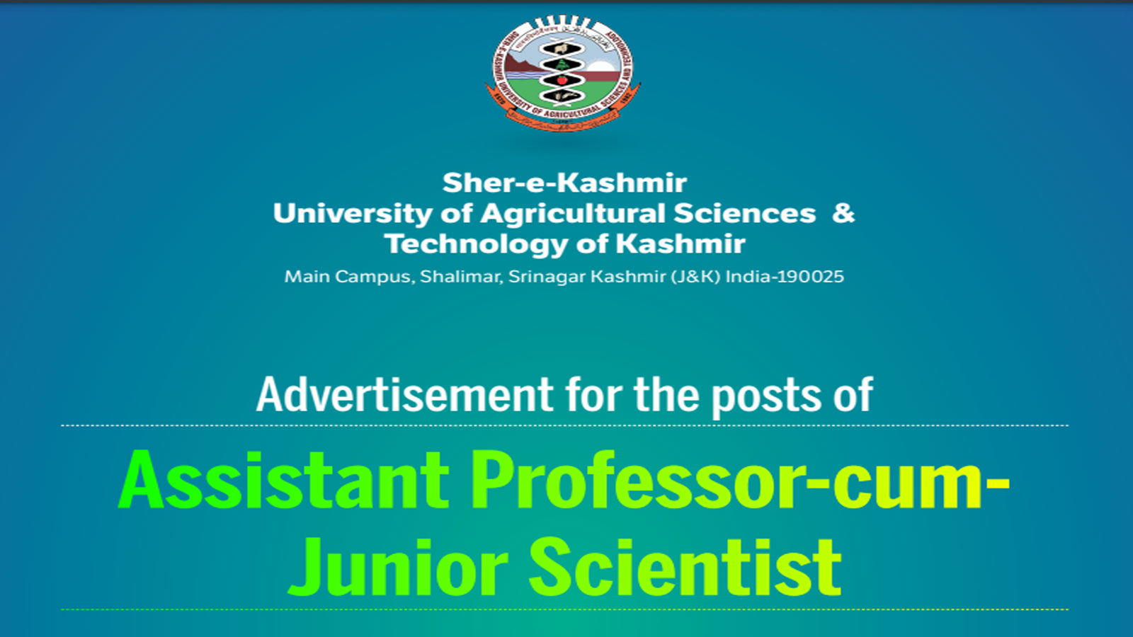 SKUAST Kashmir Recruitment, 46 Teaching Staff vacancies, Apply Online
