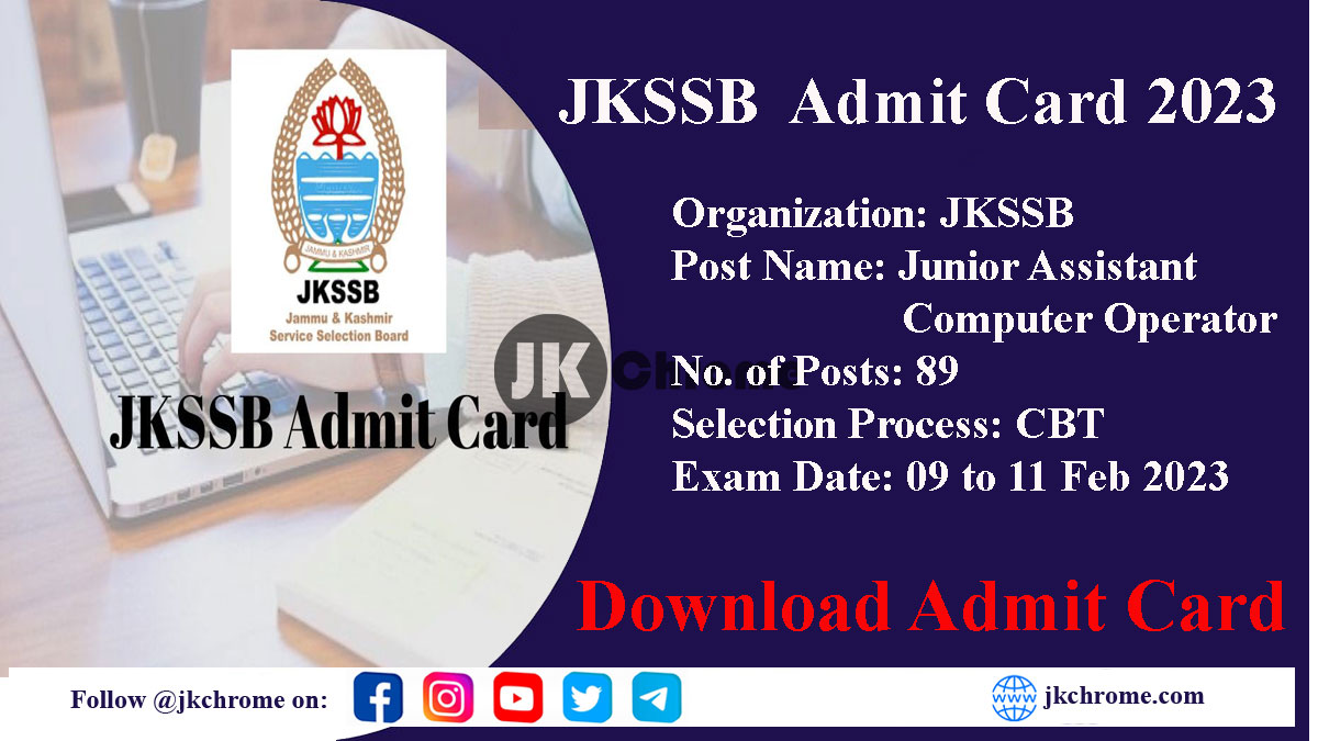 JKSSB Admit Cards for Junior Assistant and Computer Operator posts