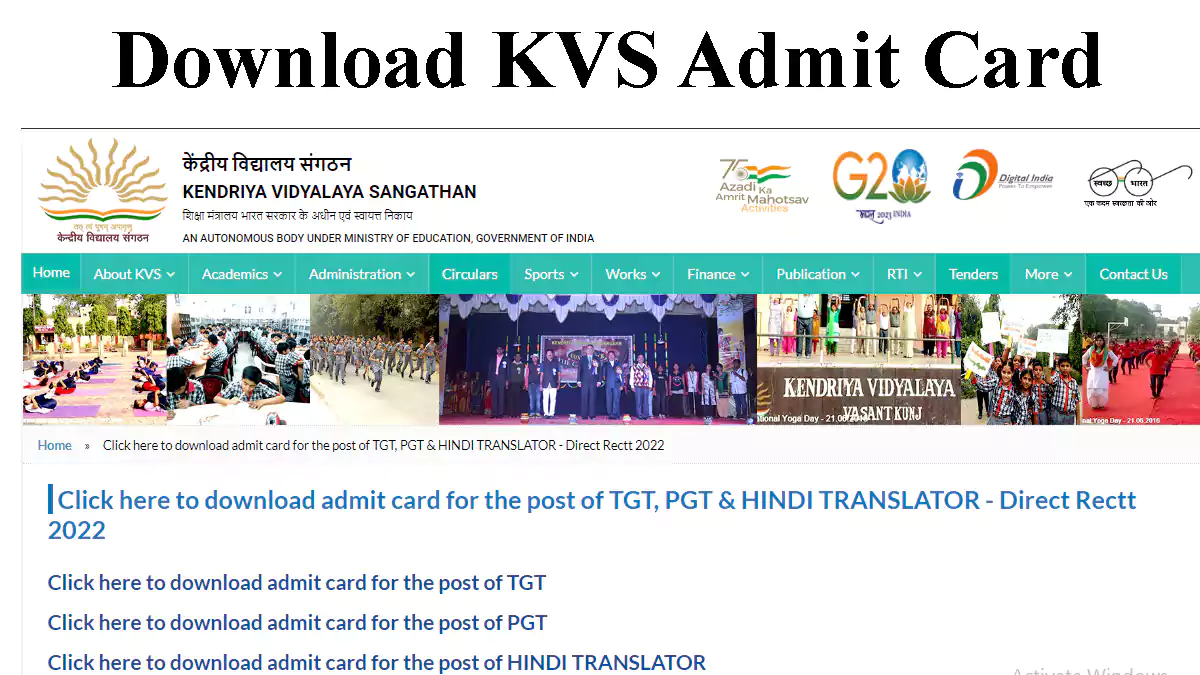 KVS Admit Card 2023 for TGT, PGT, Hindi Translator posts out