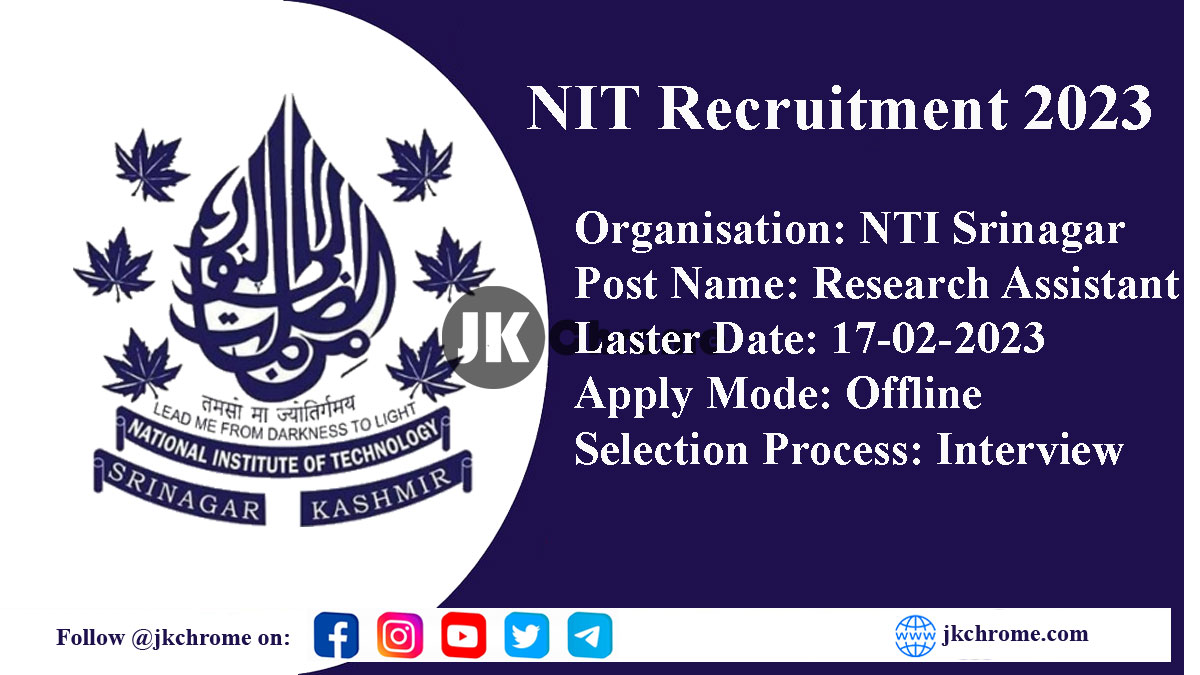 NIT Srinagar Recruitment 2023 of Research Assistant Post