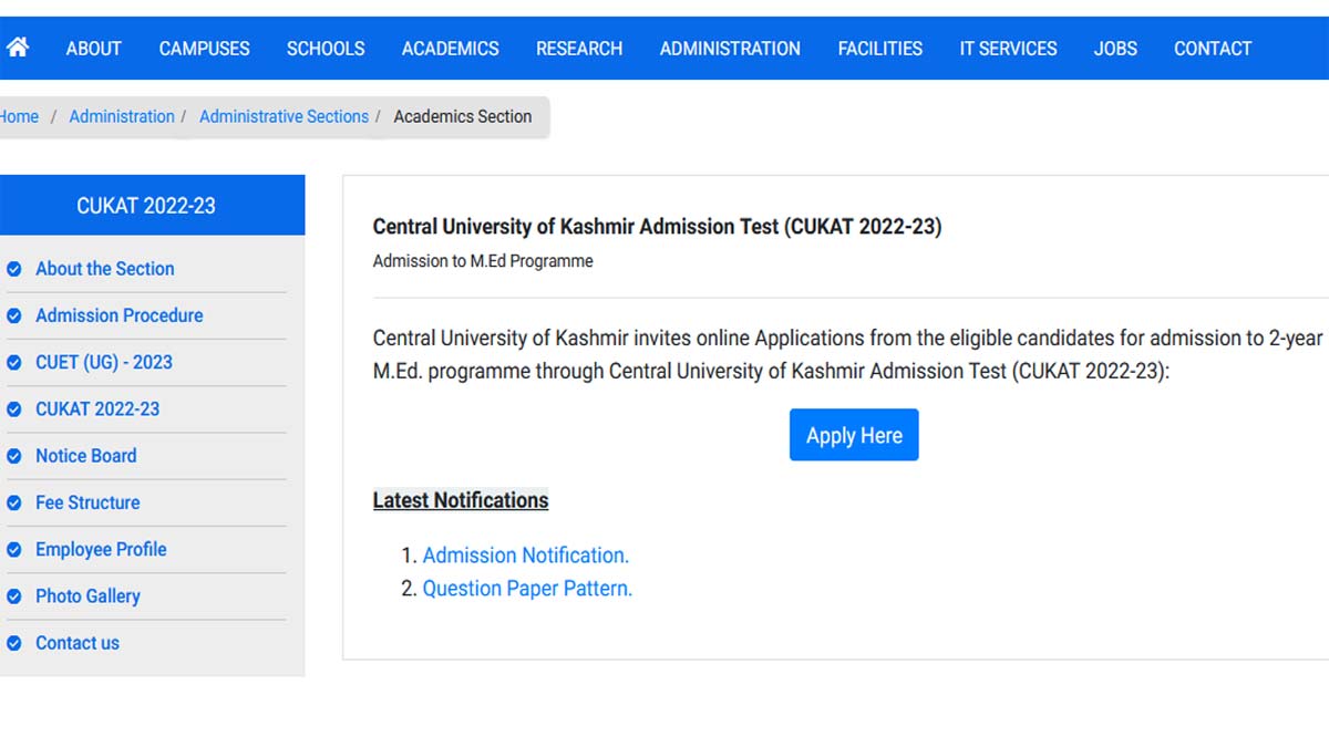 Central University of Kashmir | 2-Year M.Ed Programme Admission 2023