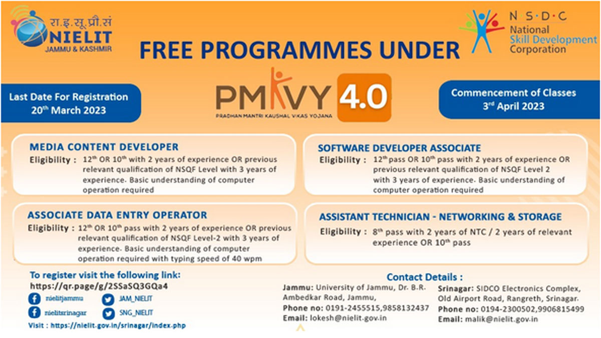 NIELIT Srinagar/Jammu Admissions 2023 | Free Training Under PMKVY