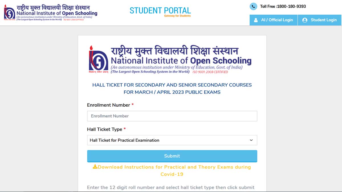 NIOS Practical exam 2022 hall ticket released for class 10th and 12th, Download Here