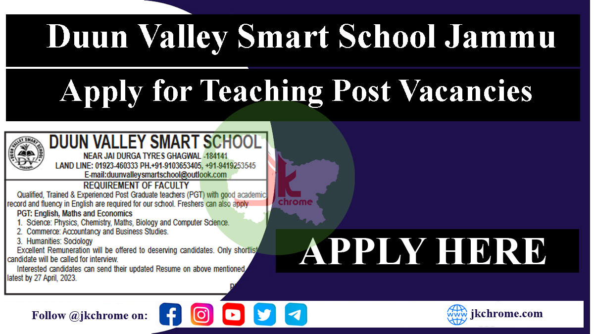 Teacher Job Vacancies in Duun Valley Smart School Jammu
