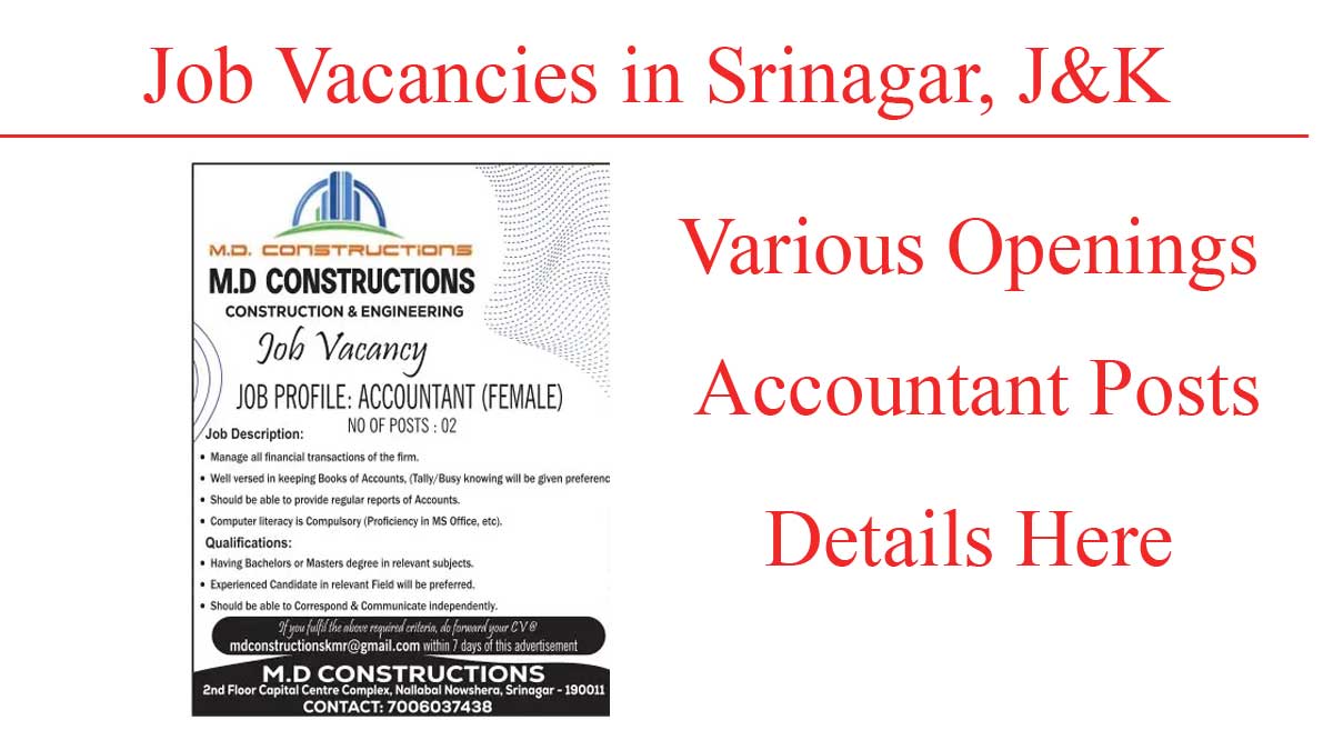 Accountants Job vacancies in MD constructions Srinagar