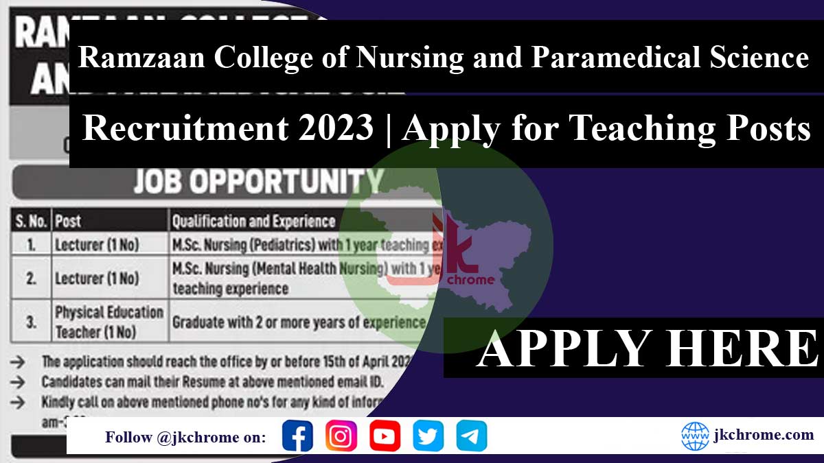 Ramzaan College of Nursing and Paramedical Science Recruitment 2023