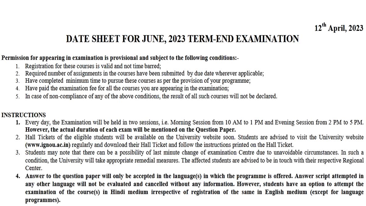 IGNOU June TEE 2023 Final Datesheet Released: Check Timetable Here