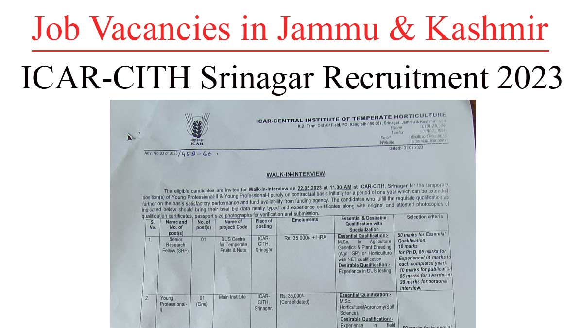 ICAR-CITH Srinagar Recruitment 2023 | Walk-in-Interview