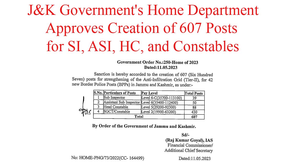 J&K Govt Orders Creation of 607 Posts of SI, ASI, HC and Constables