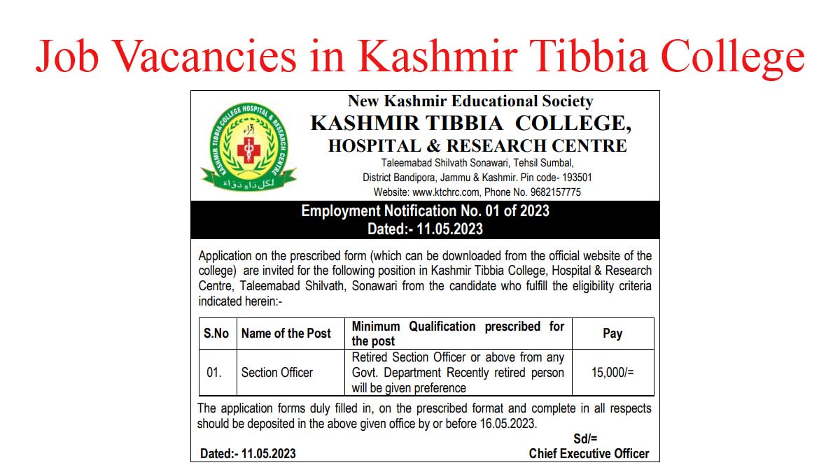 Job Vacancies in Kashmir Tibbia College