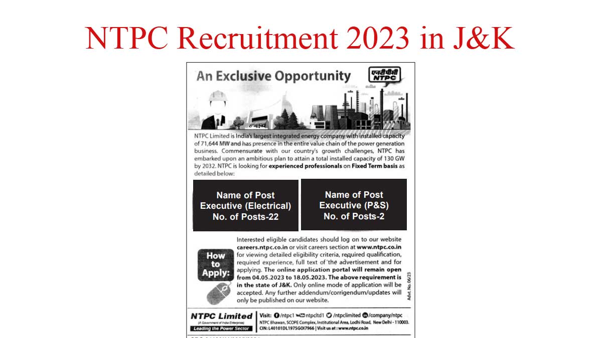 NTPC Recruitment for Executives in Jammu and Kashmir