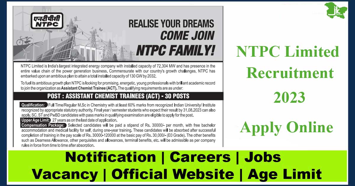 NTPC Assistant Chemist Trainees Vacancy Recruitment 2023 | Salary upto 1,20,000