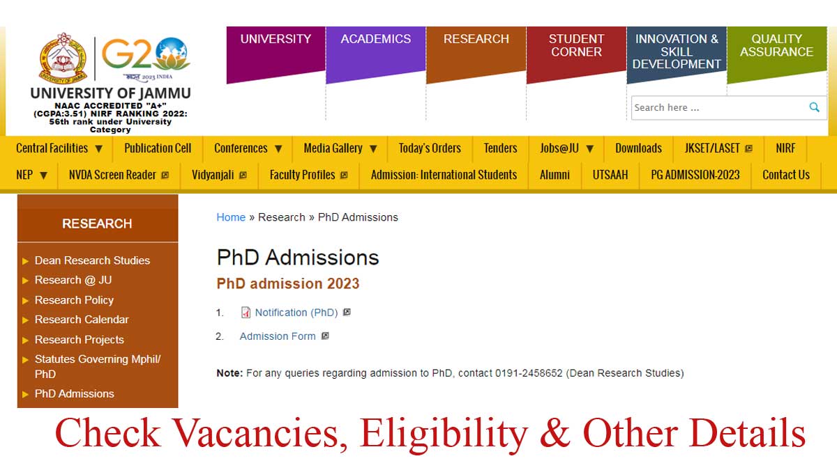 Jammu University invites applications for Ph.D Admissions 2023