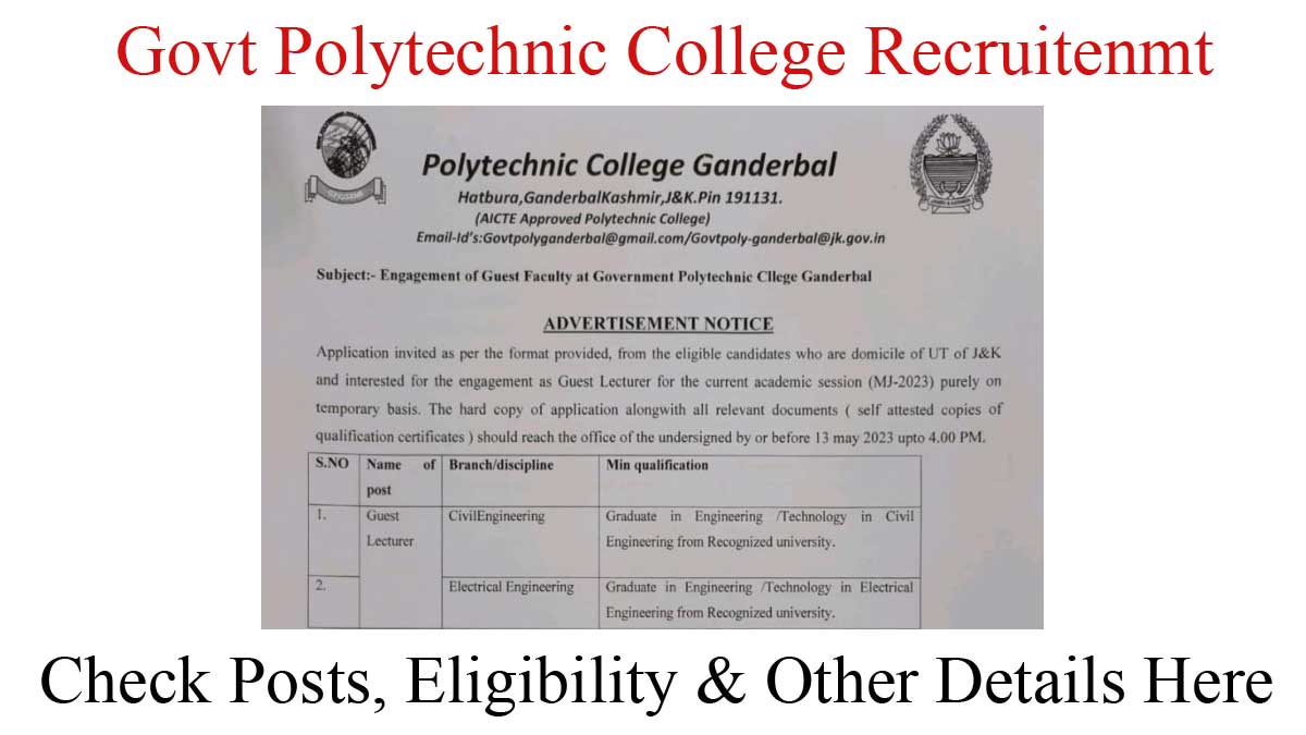 Govt Polytechnic College Ganderbal Guest Faculty Recruitment 2023