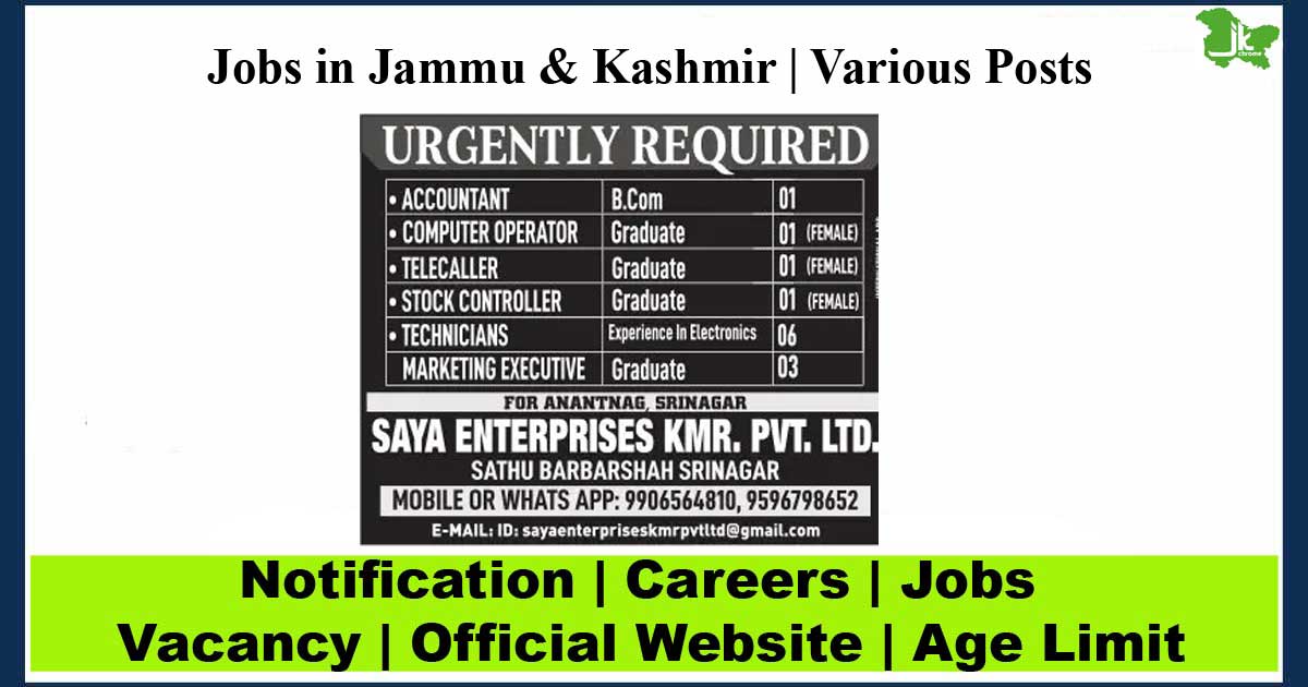 Jobs in Srinagar & Anantnag at Saya Enterprises