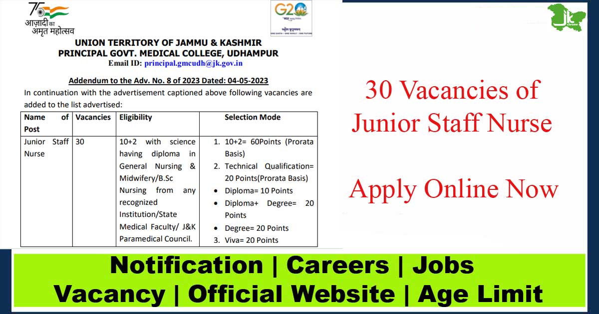 Staff Nurse Recruitment in GMC Udhampur | 30 vacancies