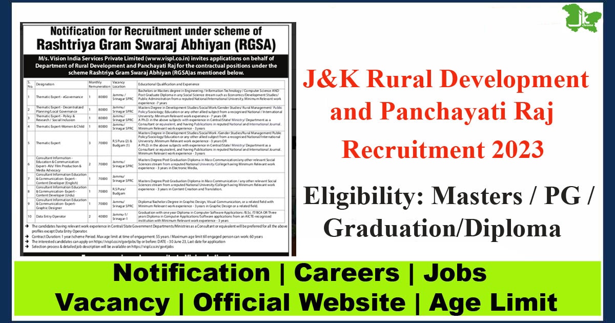 Rural Development and Panchayati Raj Recruitment 2023 in Jammu and Kashmir Under RGSA scheme
