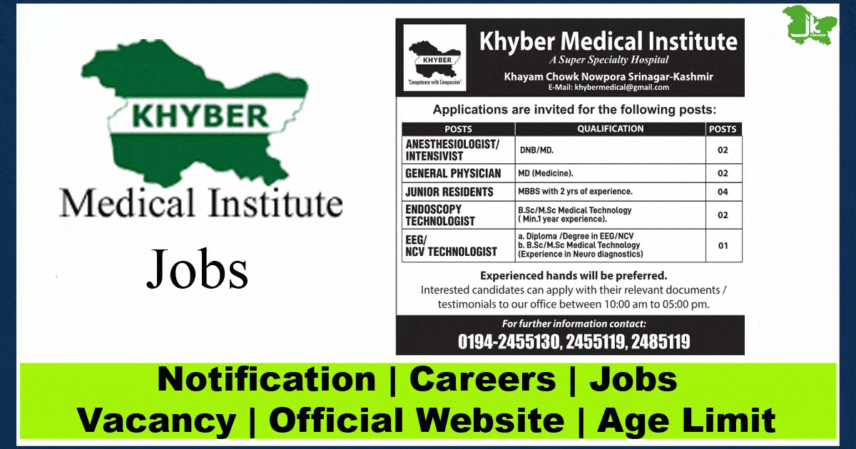 Khyber Medical Institute Srinagar Jobs 2023 | 11 Posts