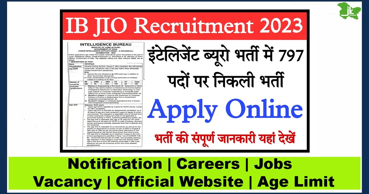 IB JIO Recruitment 2023 Notification Out for 797 Junior Intelligence Officers