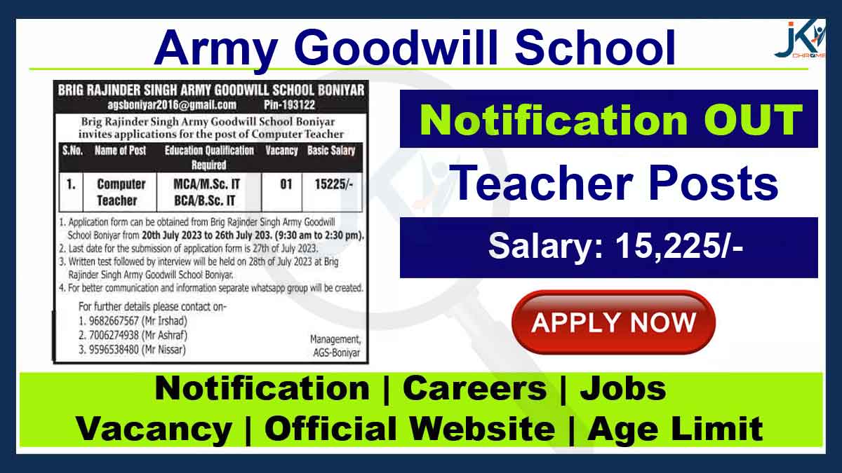 Army Goodwill School Hiring Teacher, Salary: 15,225 per month