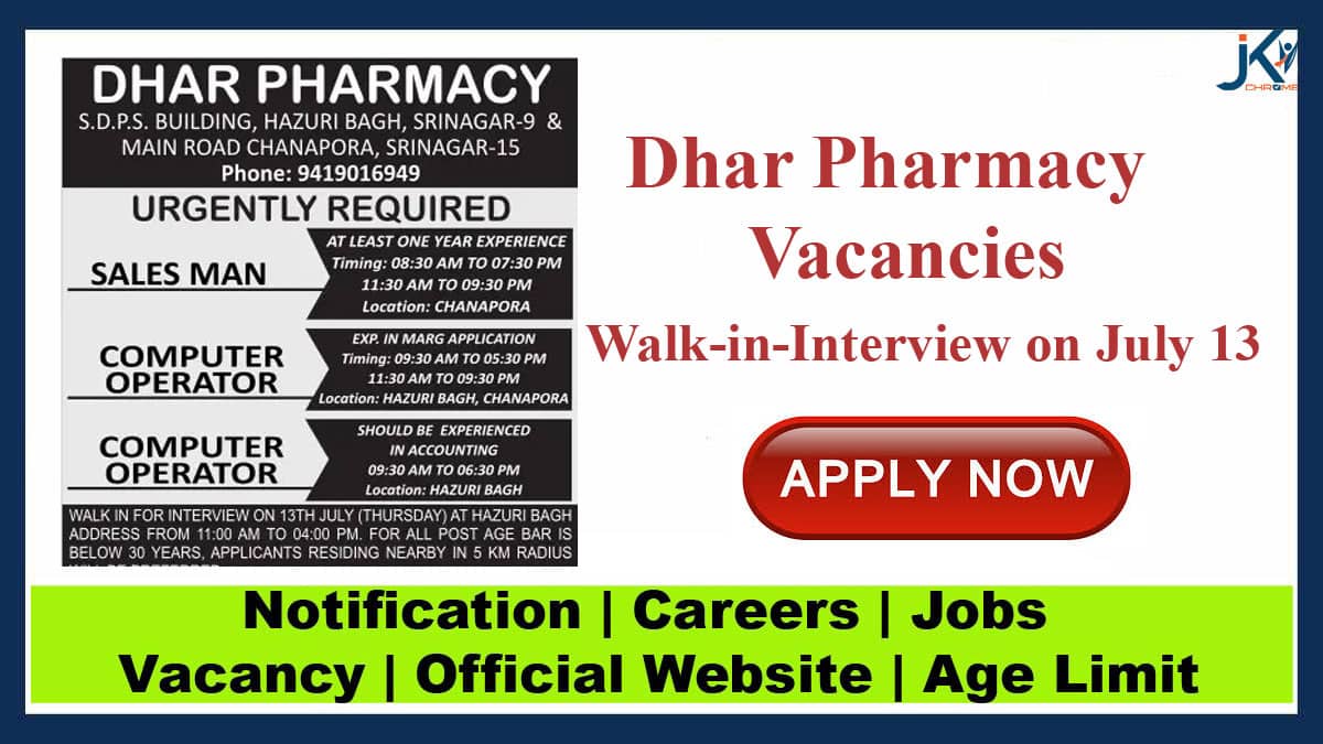 Dhar Pharmacy Job Vacancies | Walk-in-Interview on July 13