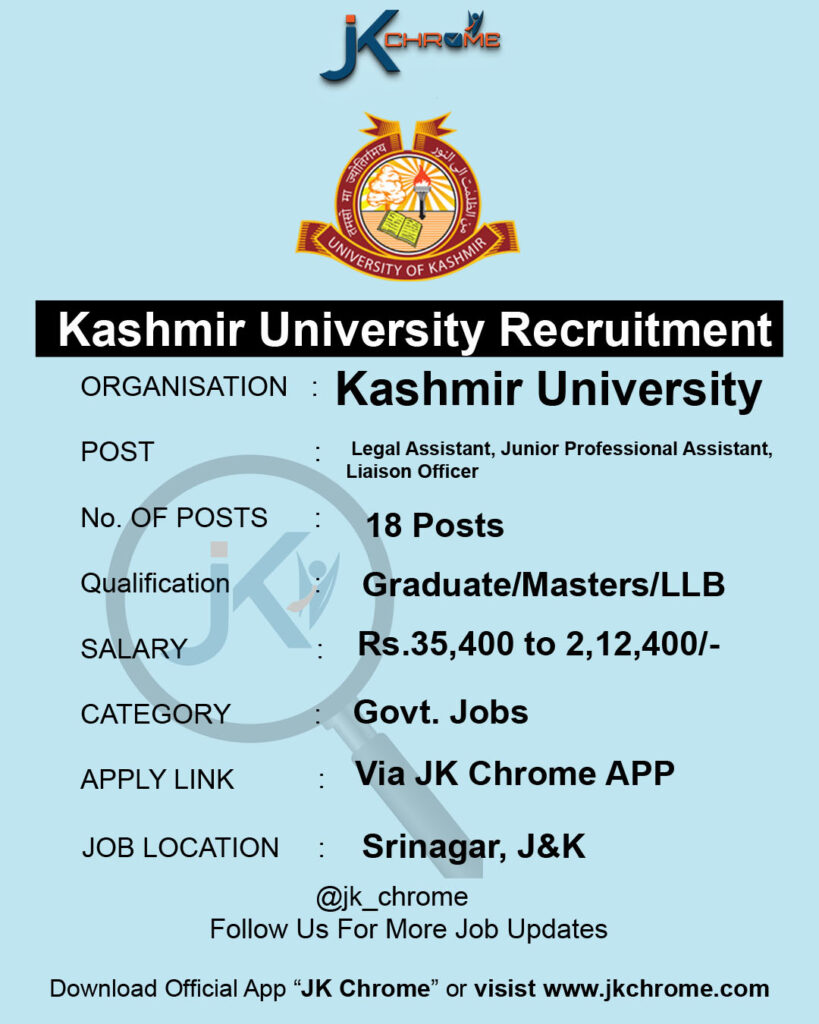 Kashmir University Recruitment, 18 Posts of Legal Assistant, Junior Professional Assistant, Liaison Officer