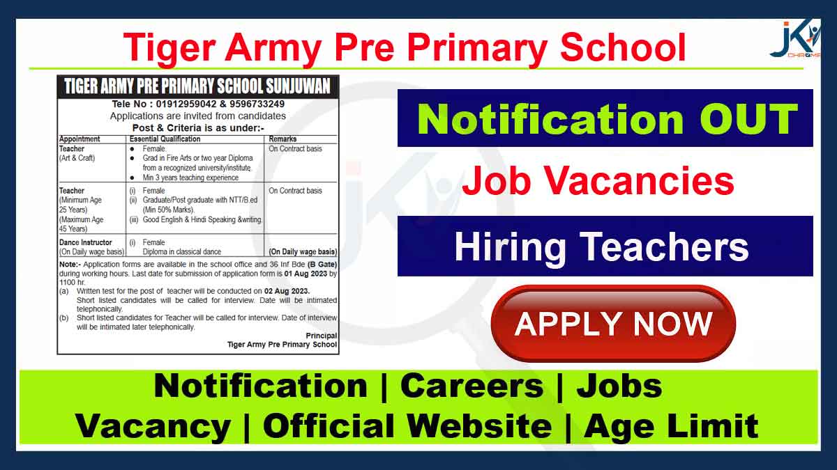 Tiger Army Pre Primary School Sunjuwan Teachers Job Vacancy 2023