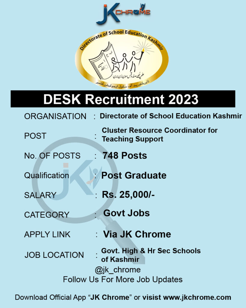 Directorate of School Education Kashmir (DESK) Recruitment 2023, 748 Vacancies