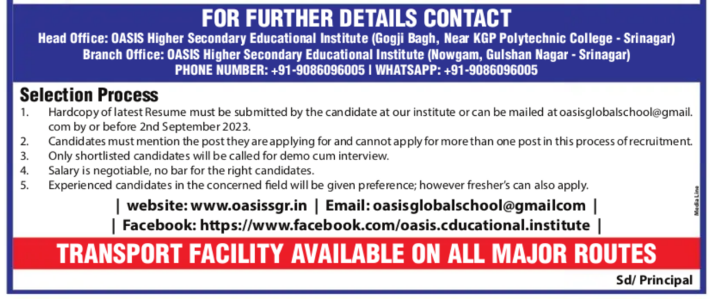 Oasis Srinagar Job Vacancy 2023, Hiring Teaching & Non Teaching Staff