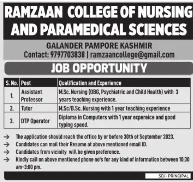 Ramzaan College of Nursing Job Vacancy