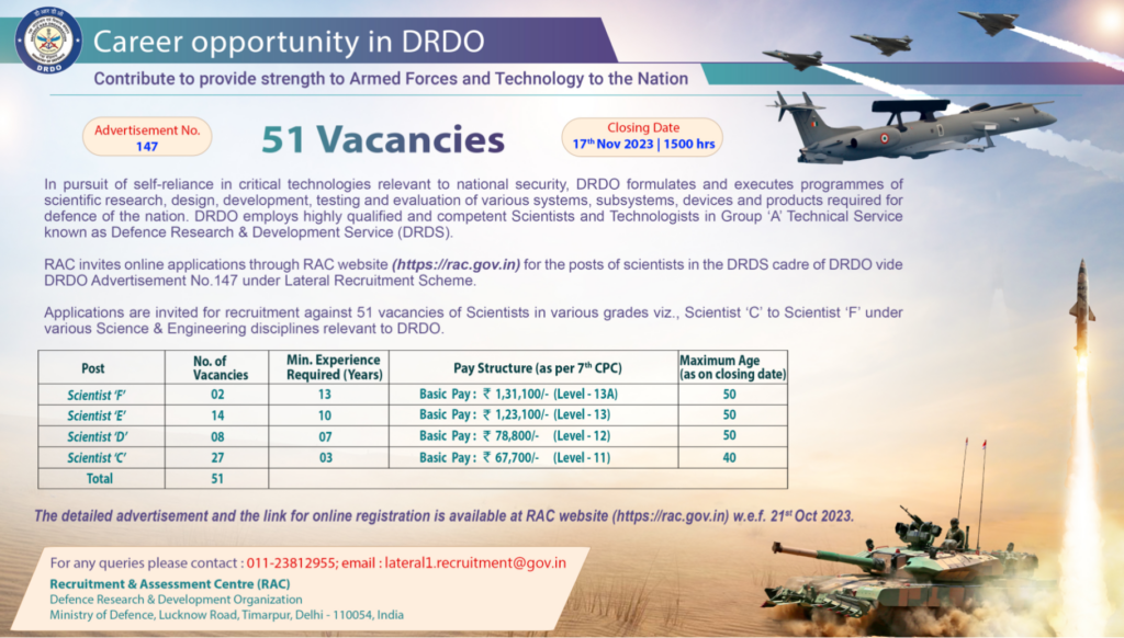 DRDO RAC Recruitment 2023 Notification for 51 Scientist Posts