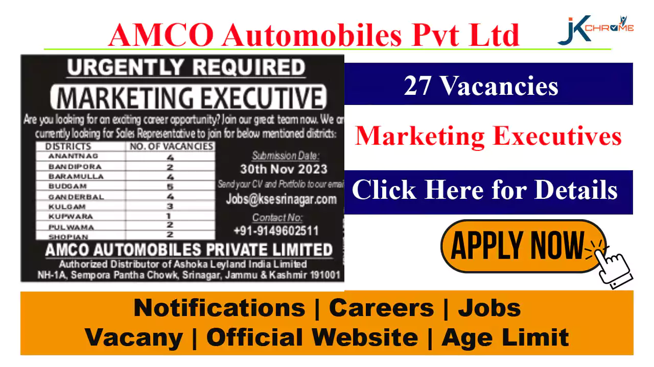 27 vacancies of Marketing Executives at AMCO Automobiles Srinagar