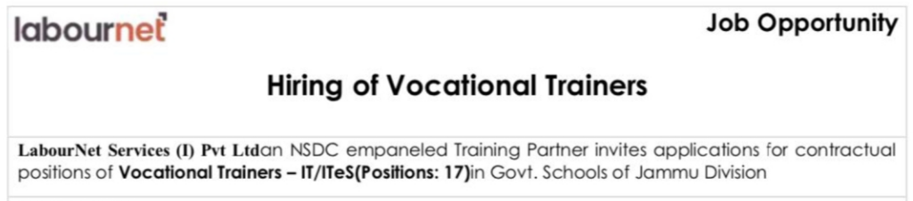 Vocational Trainers Jobs in J&K, 17 Posts Available, Salary: 20,000/month, Check Qualification and How to Apply