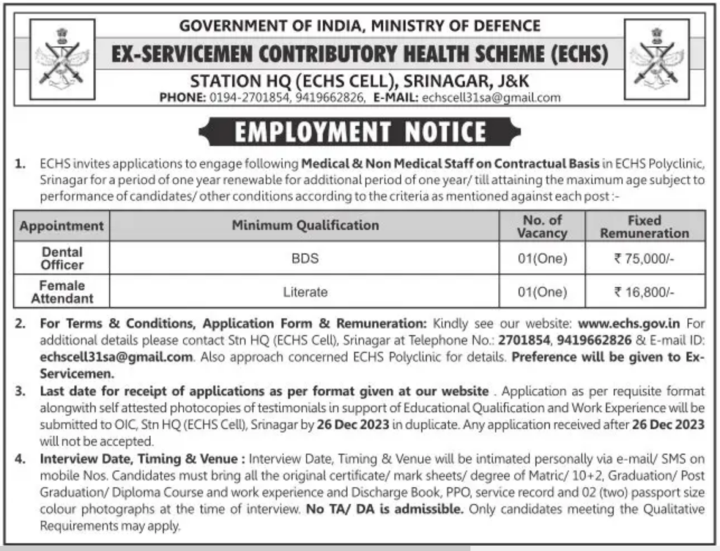 ECHS Srinagar Job Notification
