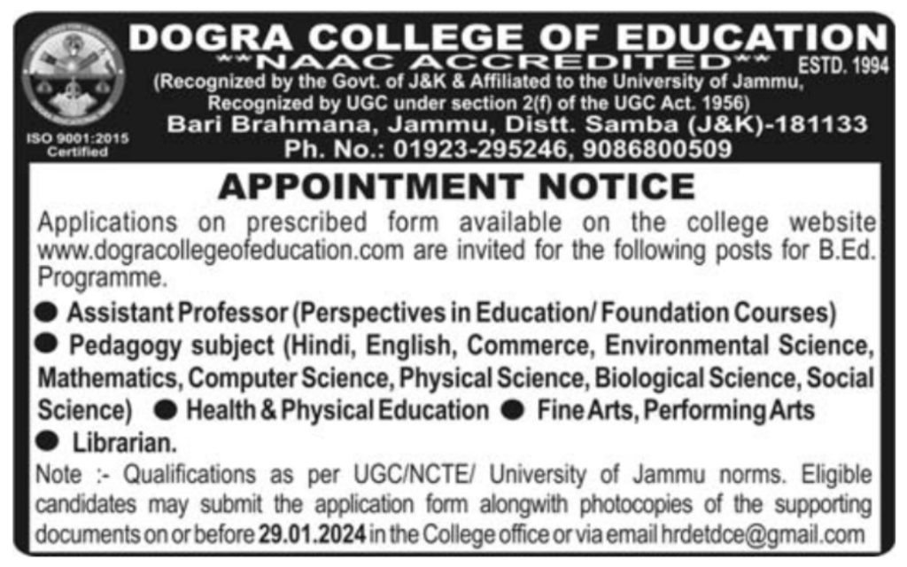 Dogra College of Education Job Notice