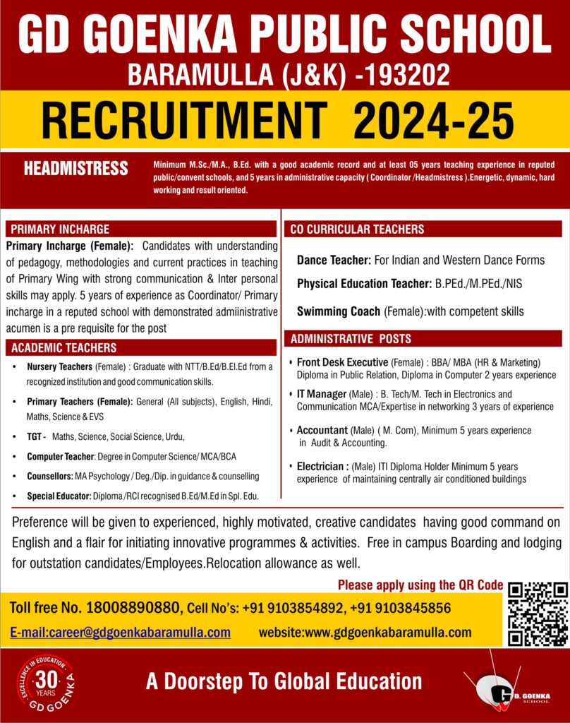 GD Goenka Baramulla Job Notice 2024
