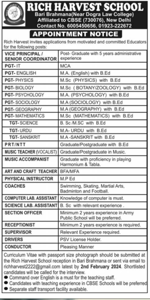 Rich Harvest School Bari Brahmana Jammu Job Notice 2024