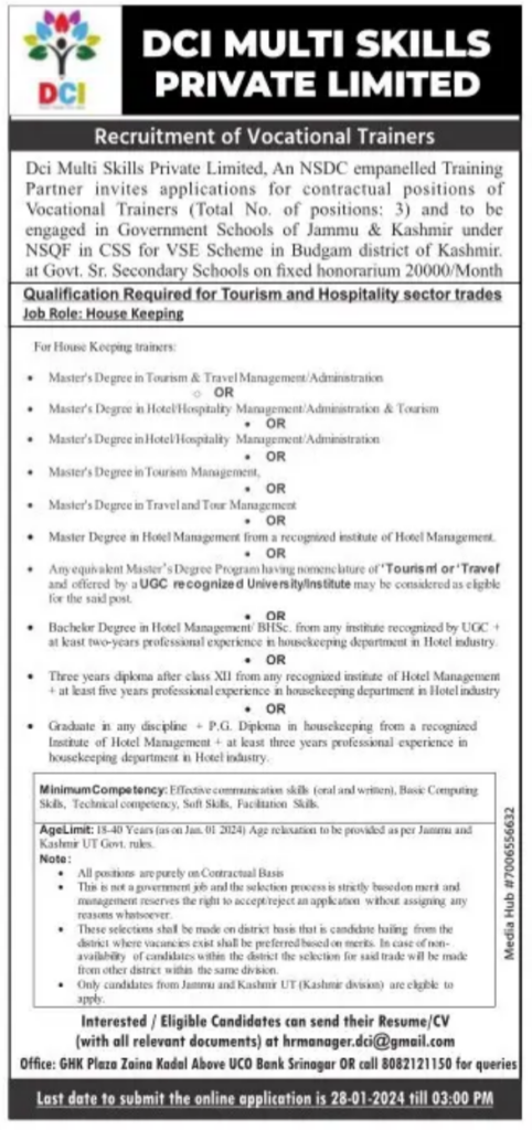 Vocational Trainers in Budgam Notice 2024
