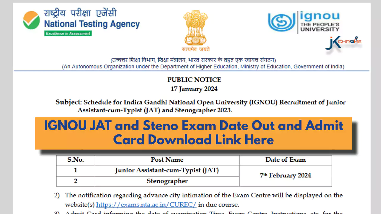 IGNOU JAT and Steno Exam Date Out and Admit Card Download Link Here