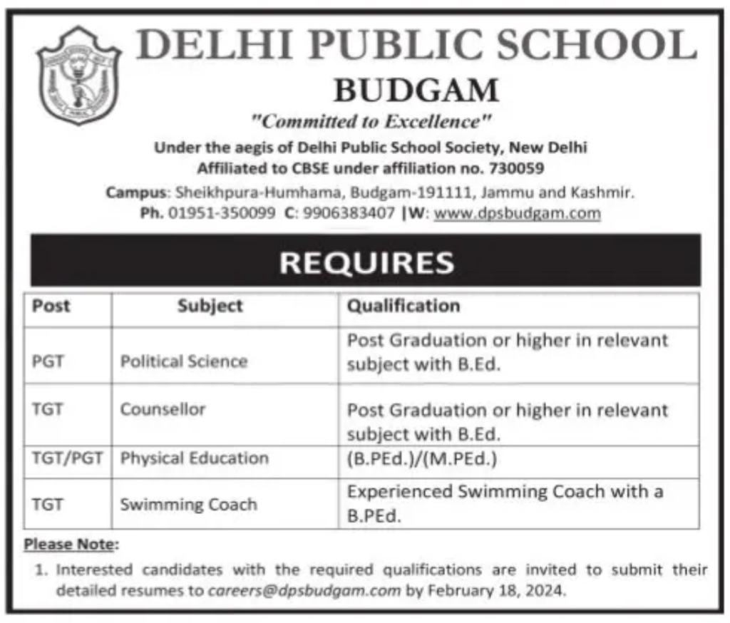 DPS Budgam Job Vacancies 2024