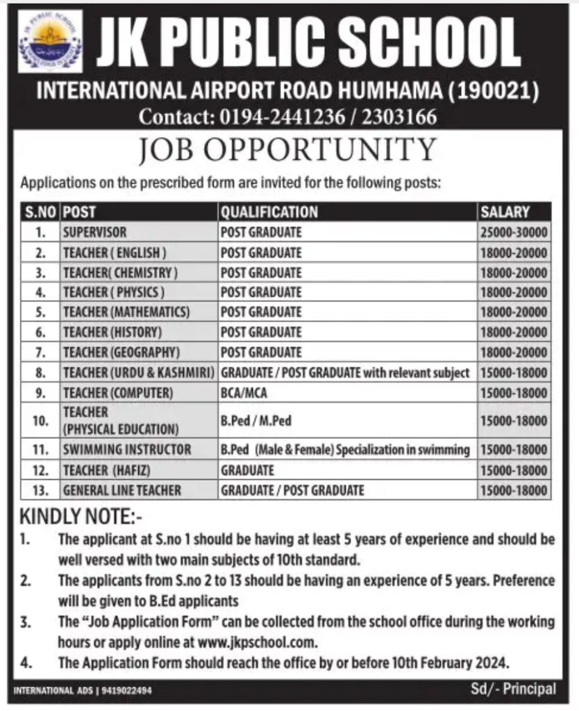 JK Public School Humhama Srinagar Job Notice 2024