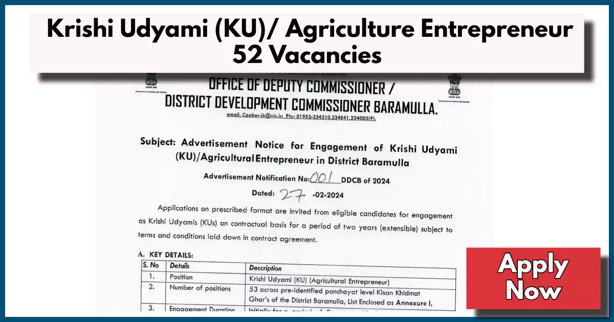 53 Posts; Krishi Udyami Vacancy 2024 in Baramulla