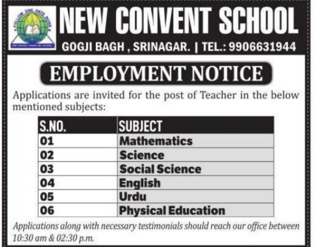 New Convent School Gogji Bagh Srinagar Jobs
