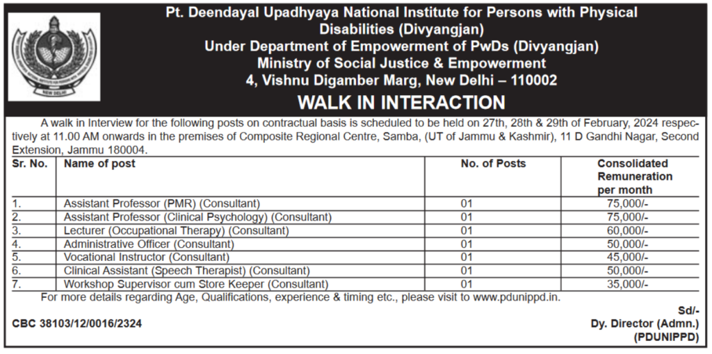 Pandit Deendayal Upadhyaya National Institute for Persons with Physical Disabilities Job Vacancy 2024