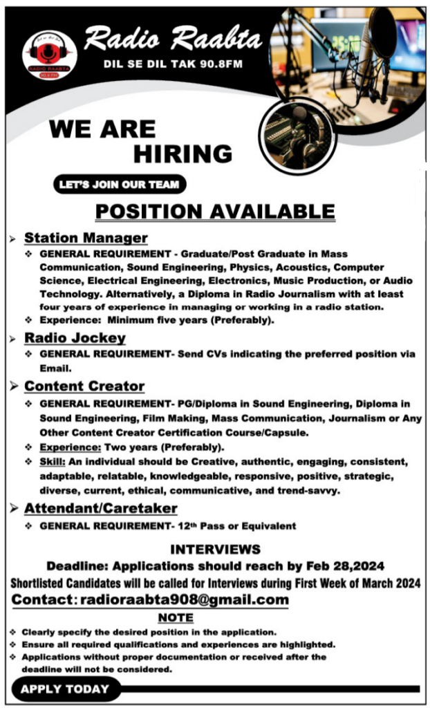 Radio Raabita Job Vacancy 2024 notice
