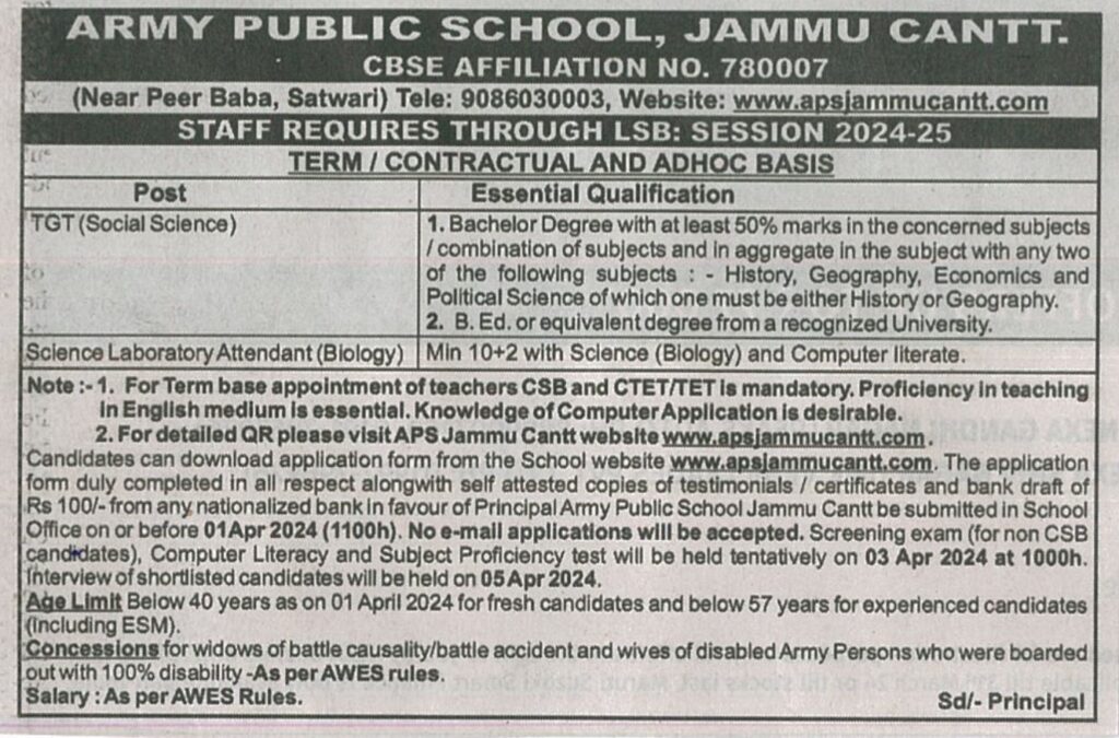APS Jammu Cantt Job Vacancy 2024