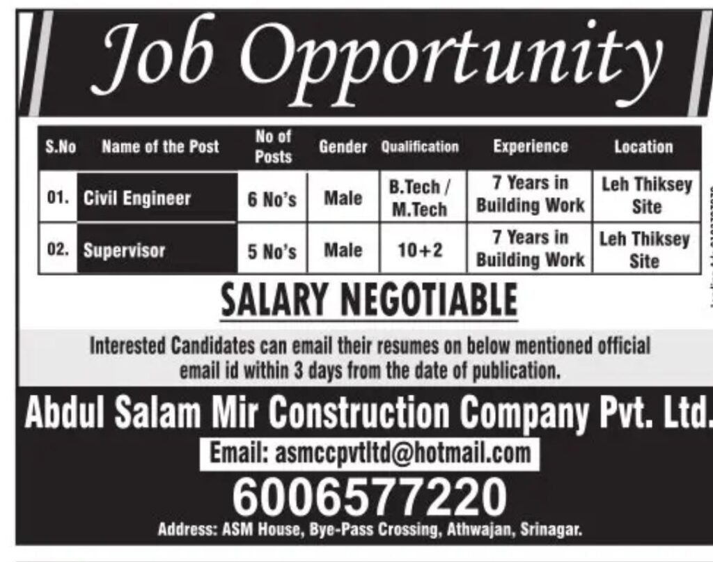 ASMCC Athwajan Srinagar Job Vacancy Notice