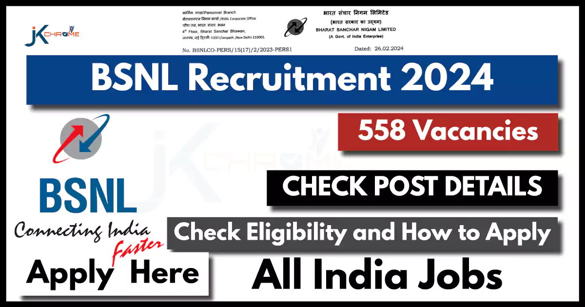 BSNL Recruitment 2024 Notification PDF: Check Details, Eligibility and Apply for 558 Vacancies